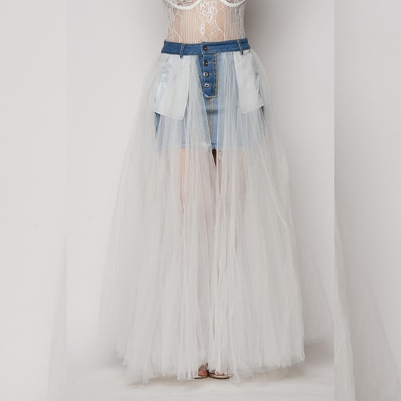 Reversed Denim Skirt Tulle Overlay WHITE - Picture 3 of 8